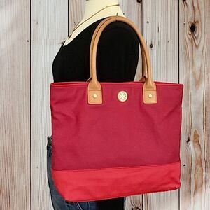 TORY BURCH RED COATED CANVAS TOTE TRAVEL, VACATION SHOPPING SCHOOL HANDBAG